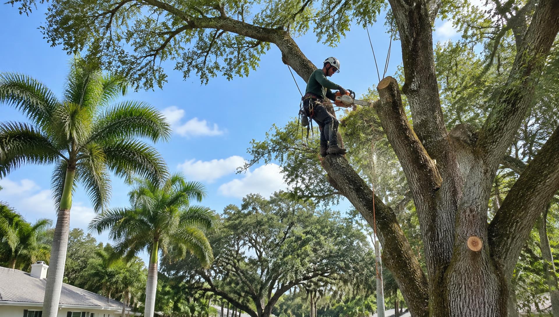 Arborist trimming a large tree in Jupiter, Florida